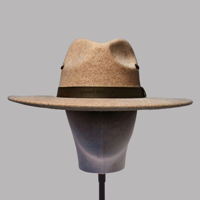 Polyester fedora hat with PU debossed trim and straps – Oatmeal