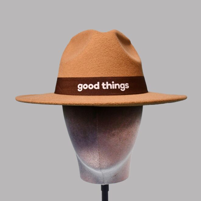 Polyester Fedora Hat with Printing Trim – Beige