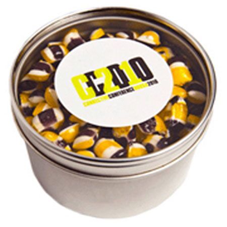 Small Round Acrylic Window Tin Fillled with Tiny Humbugs 100G