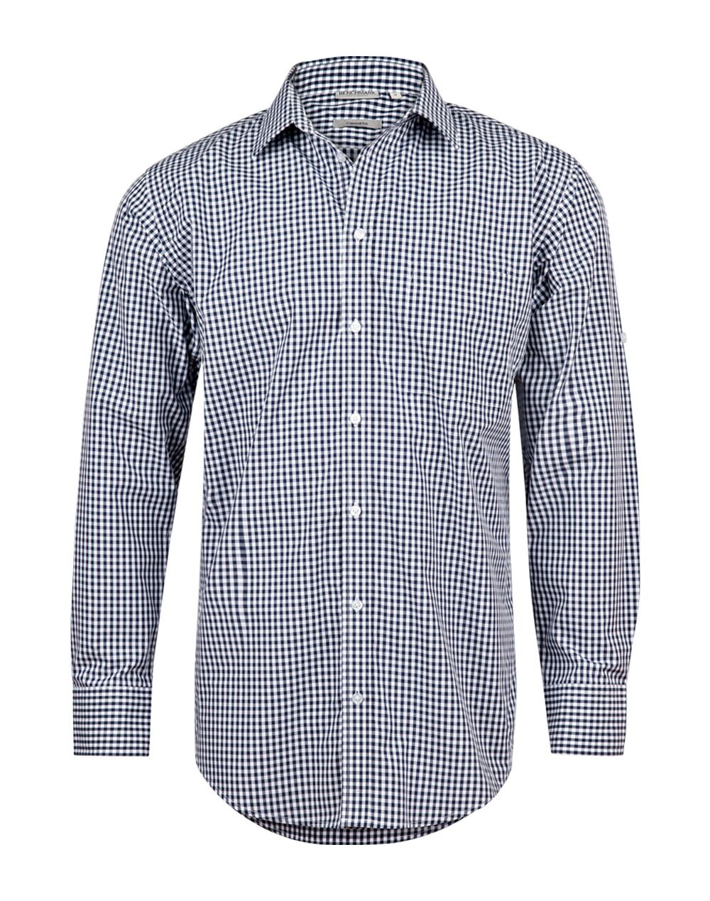 M7300L_NavyWhite_l Men’s Gingham Check Long Sleeve Shirt With Roll-Up Tab Sleeve