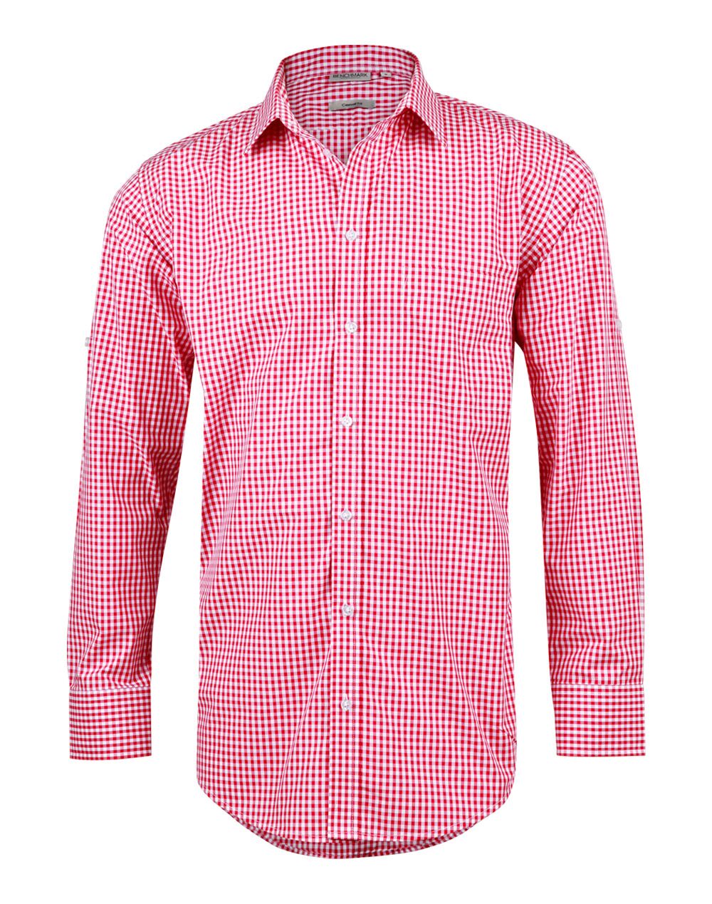 M7300L_RedWhite_l Men’s Gingham Check Long Sleeve Shirt With Roll-Up Tab Sleeve