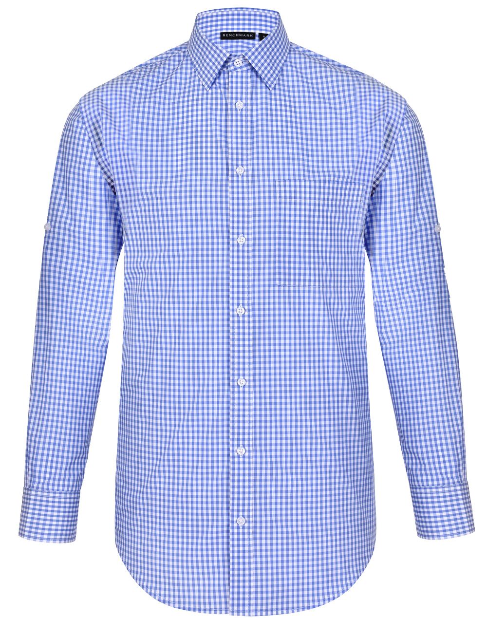 M7300L_SkyWhite_l Men’s Gingham Check Long Sleeve Shirt With Roll-Up Tab Sleeve