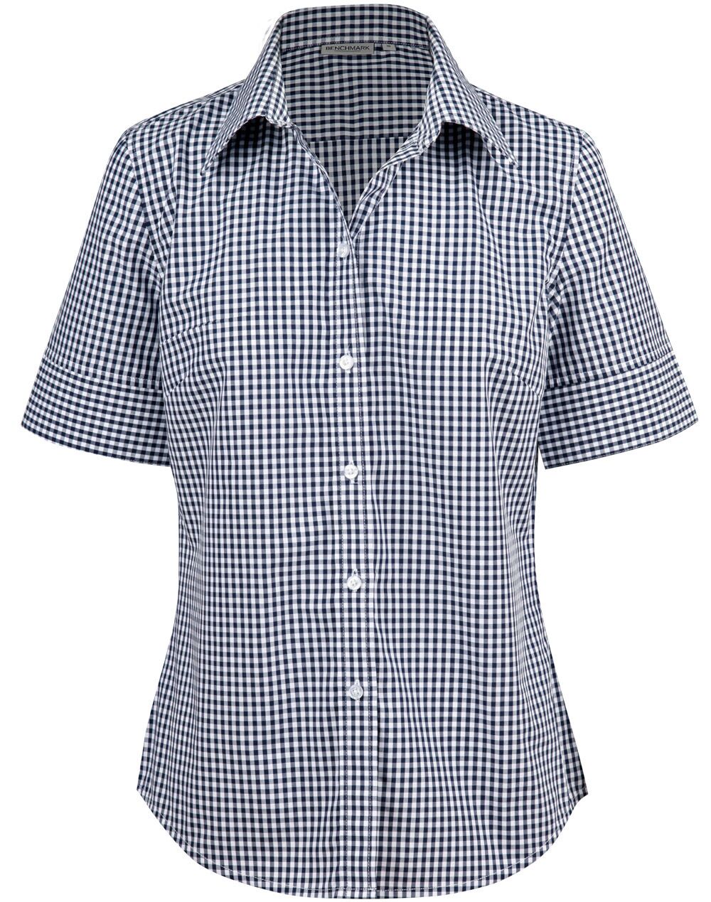 M8300S_NavyWhite_l Ladies’ Gingham Check Short Sleeve Shirt