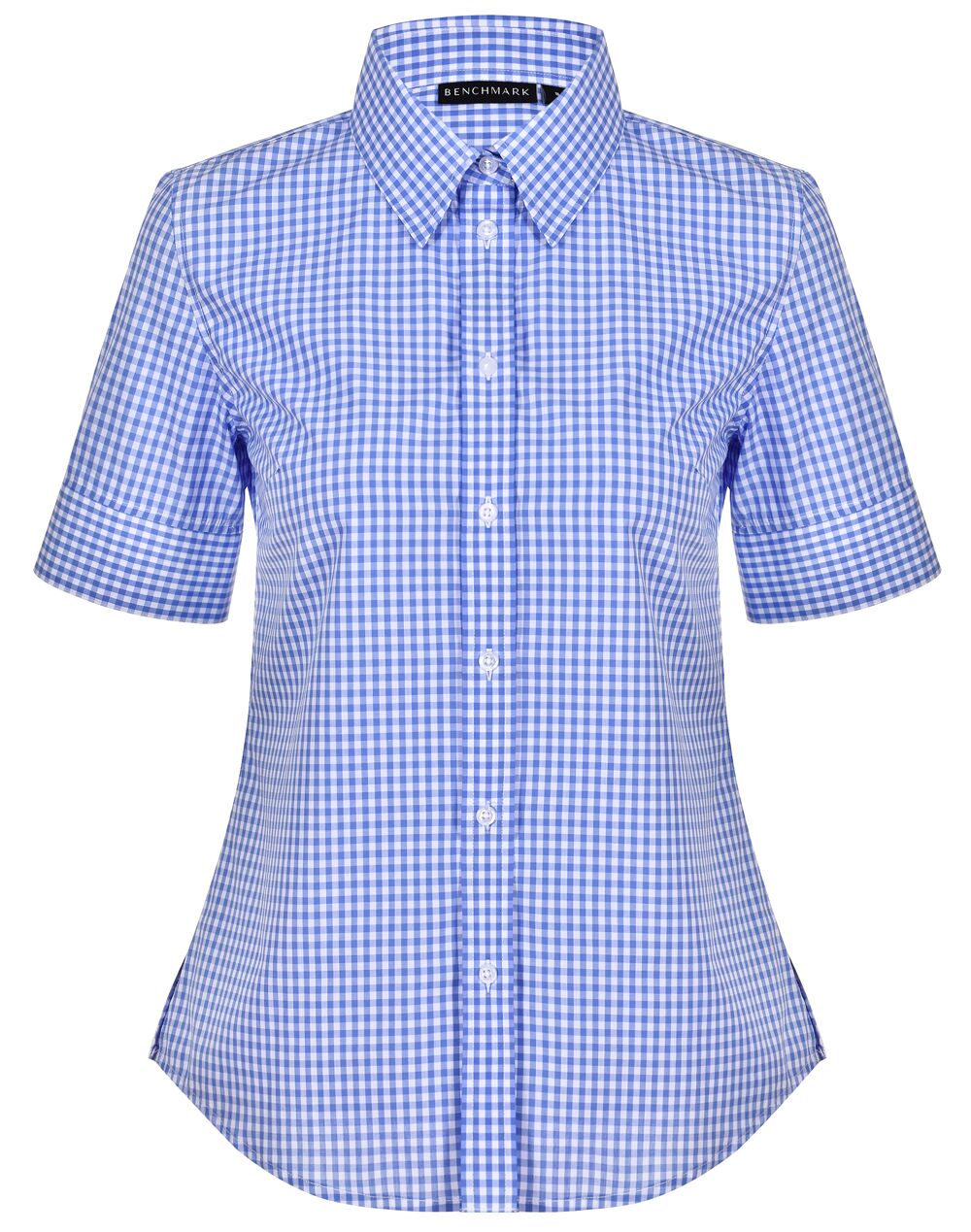 M8300S_SkyWhite_l Ladies’ Gingham Check Short Sleeve Shirt