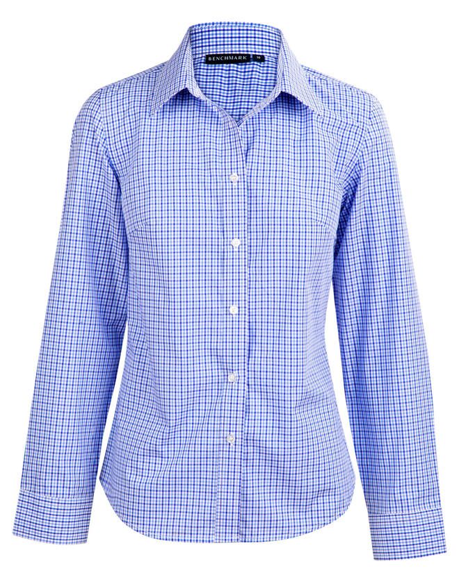 M8320L_NavyWhiteSky_l Ladies’ Multi-Tone Check Long Sleeve Shirt