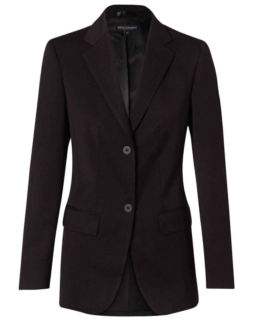 M9206_Black_l Women’s Poly/Viscose Stretch Two Buttons Mid Length Jacket